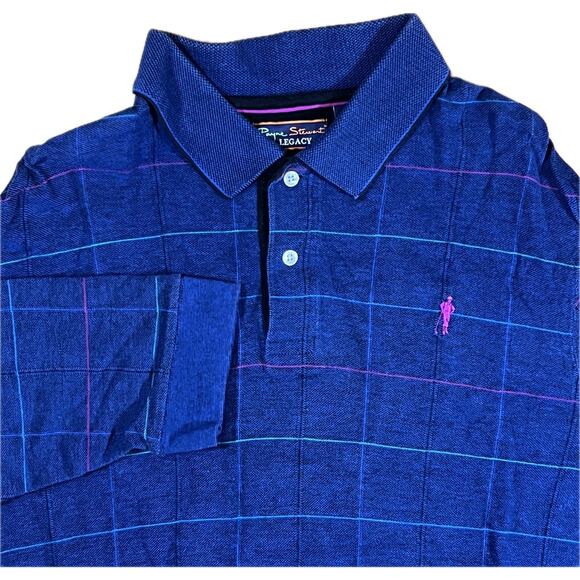 Payne Stewart Legacy Polo Shirt Blue Check Pink Logo Long Sleeve Cotton Mens L - Picture 1 of 10